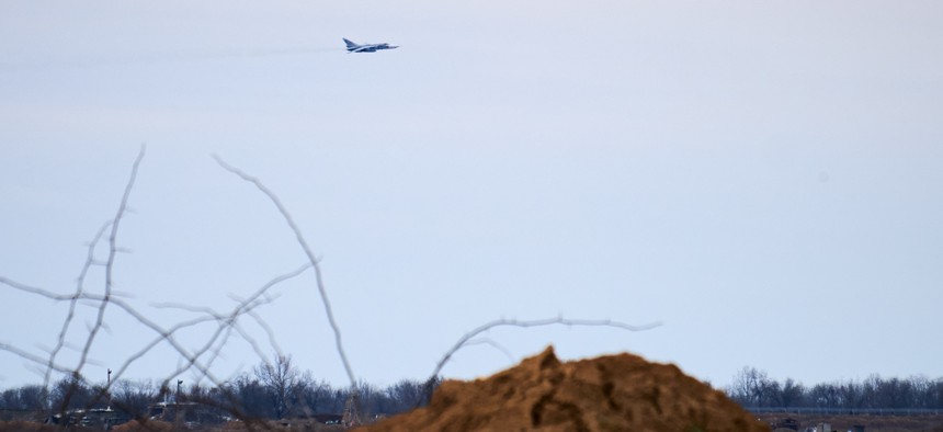 A Ukrainian fighter jet returns from a mission after firing missiles on Russian positions on January 7, 2023 in Kherson, Ukraine. 