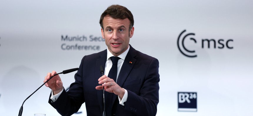 French President Emmanuel Macron speaks at the 2023 Munich Security Conference (MSC) on February 17, 2023, in Munich, Germany.
