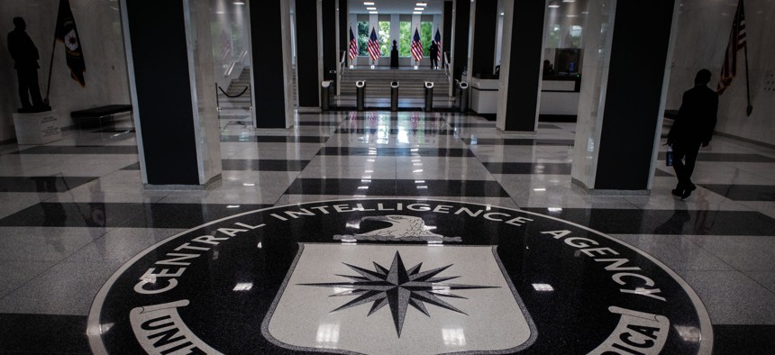 The agency seal on the floor of the lobby at the CIA, in Mclean, VA.