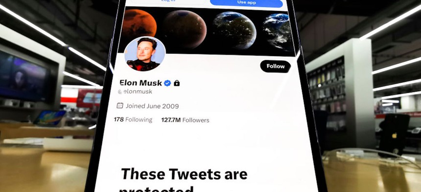 Elon Musk Twitter account turned into private one is seen on a mobile phone screen for illustartion photo. Krakow, Poland on February 1, 2023