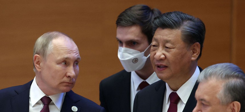 Russian President Vladimir Putin, China's President Xi Jinping and Uzbek President Shavkat Mirziyoyev attend the Shanghai Cooperation Organisation (SCO) leaders' summit in Samarkand on September 16, 2022. 