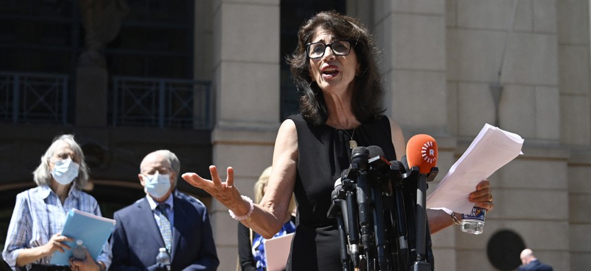 Diane Foley, the mother of US journalist James Foley slain by Islamic State militants, speaks to reporters outside the Albert V. Bryan Federal Courthouse following the sentencing of El Shafee Elsheikh, in Alexandria, Virginia, on August 19, 2022. 