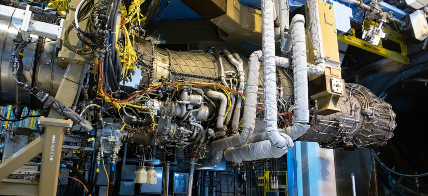 A Pratt & Whitney F135 engine hangs in Arnold Engineering Development Complex (AEDC) Sea Level Test Cell 3 at Arnold Air Force Base, Tenn., between test runs Sept. 2, 2021. 