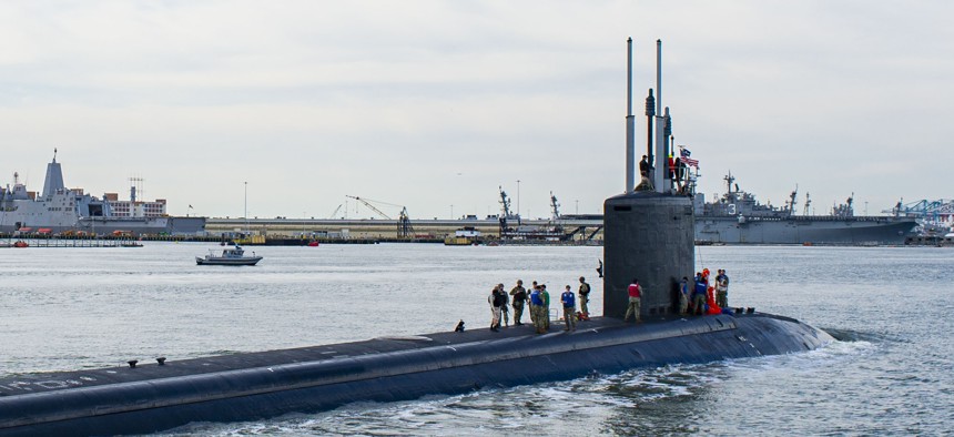 The Virginia-class fast-attack submarine USS New Hampshire (SSN 778) returns to port at Naval Station Norfolk, May 7, 2021.