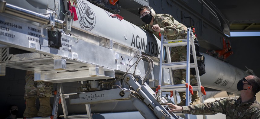 In this 2020 photo, an AGM-183A Air-launched Rapid Response Weapon Instrumented Measurement Vehicle 2 is loaded for a test under the wing of a B-52H Stratofortress at Edwards Air Force Base, California.