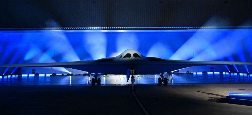 The B-21 Raider is unveiled during a ceremony at Northrop Grumman's Air Force Plant 42 in Palmdale, California, on December 2, 2022.