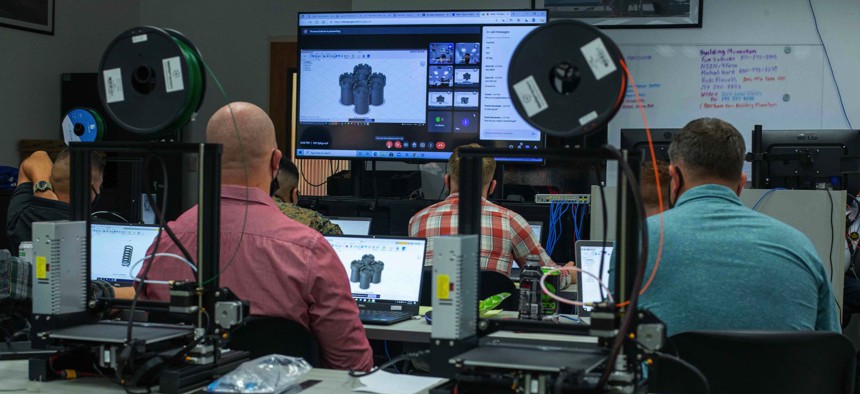 U.S. Marines with I Marine Expeditionary Force Information Group, learn how to 3D print a castle during the Building Momentum Innovation Bootcamp at Camp Pendleton, California, Sept. 27, 2021.