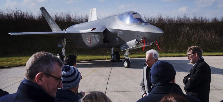 Denmark's Minister of Defence Troels Lund Poulsen and US Ambassador to Denmark Alan Leventhal attend an event of the US Air Force visits with five US F-35 fighter jets at the Danish Airbase Fighter Wing Skrydstrup in Jutland, Denmark, on March 10, 2023.