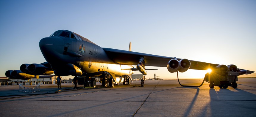 A B-52H Stratofortress undergoes pre-flight procedures at Edwards Air Force Base, California, Aug. 8., 2020. The aircraft conducted a captive-carry flight test of the AGM-183A Air-launched Rapid Response Weapon Instrumented Measurement Vehicle 2.