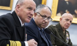 Adm. Michael M. Gilday, chief of naval operations, Secretary of the Navy Carlos Del Torro, and Marine Corps Commandant Gen. David H. Berger, testify during a hearing in 2022.