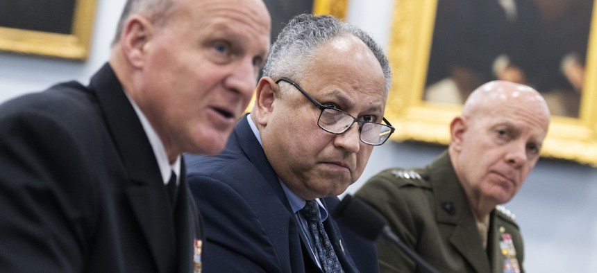 Adm. Michael M. Gilday, chief of naval operations, Secretary of the Navy Carlos Del Torro, and Marine Corps Commandant Gen. David H. Berger, testify during a hearing in 2022.