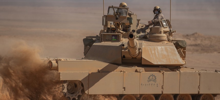 Soldiers from the Royal Saudi Land Forces, conduct armored assault movements with their M1 Abrams tank during Exercise Eager Lion in Jordan, Sept. 11, 2022.