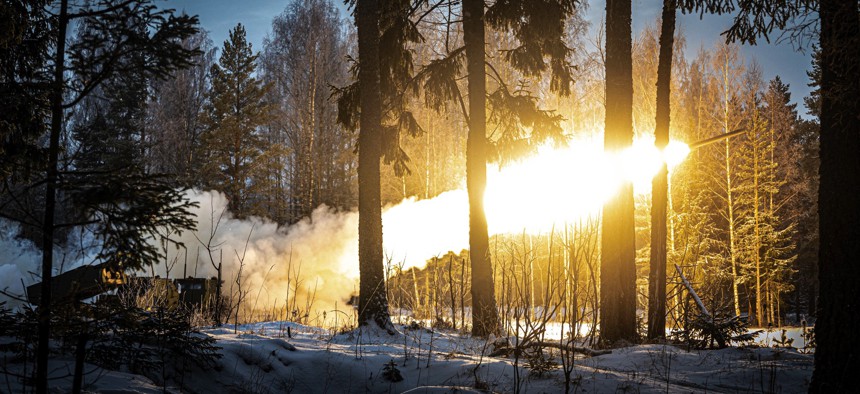 Soldiers assigned to the 14th Field Artillery Regiment, 75th Field Artillery Brigade fire rockets out of an M142 High Mobility Artillery Rocket System during a media engagement on camp Tapa, Estonia, Feb. 7, 2023. 