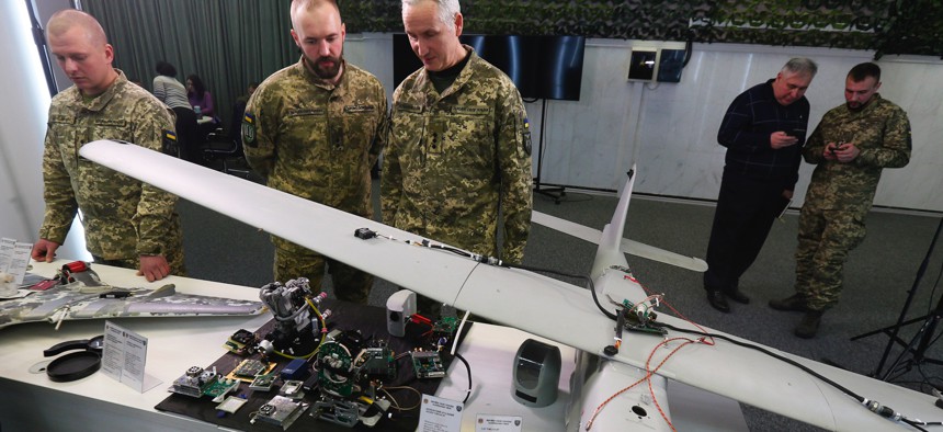 In December, Ukrainian military officials in Kyiv showed reporters parts of various drones used by Russian forces against Ukraine, including the Orlan-10, Granat-3, Shahed-136, and Eleron-3-SV.