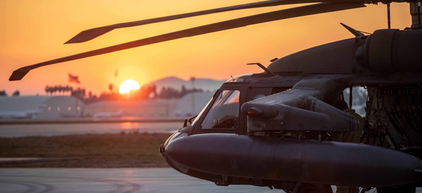 An Army Black Hawk helicopter is staged at Incirlik Air Base, Turkey, prior to surveying the damage caused by a massive earthquake, Feb. 13, 2023.
