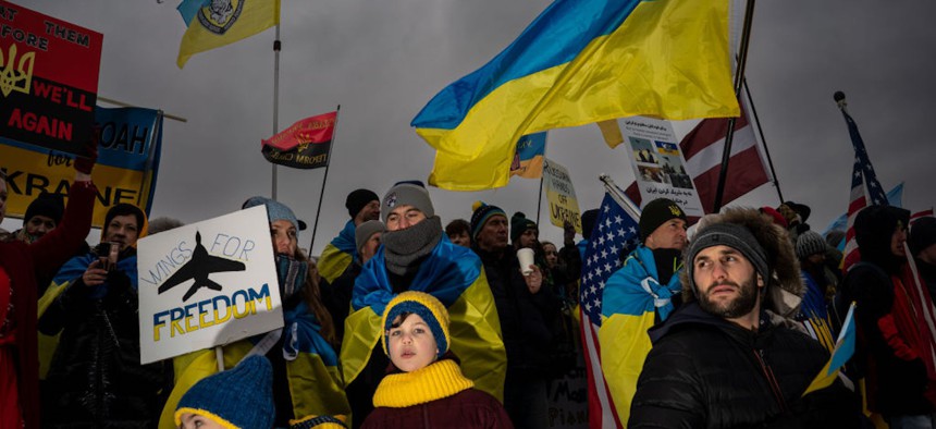 WASHINGTON, DC - FEBRUARY 25: Supporters of Ukraine and members of the Ukrainian community hold a rally to mark the one-year anniversary of Russias invasion of Ukraine, near the Lincoln Memorial on the National Mall on Saturday, Feb. 25, 2023 in Washington, DC.
