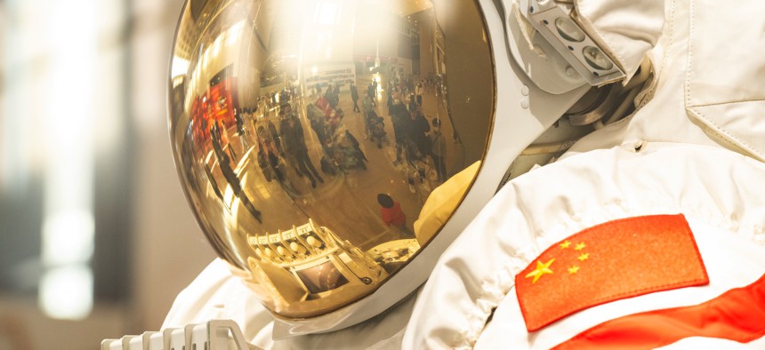 An astronaut helmet at the Exhibition of Achievements in China's Manned Spaceflight Program of 30 Years at the National Museum of China on February 24, 2023, in Beijing, China. 