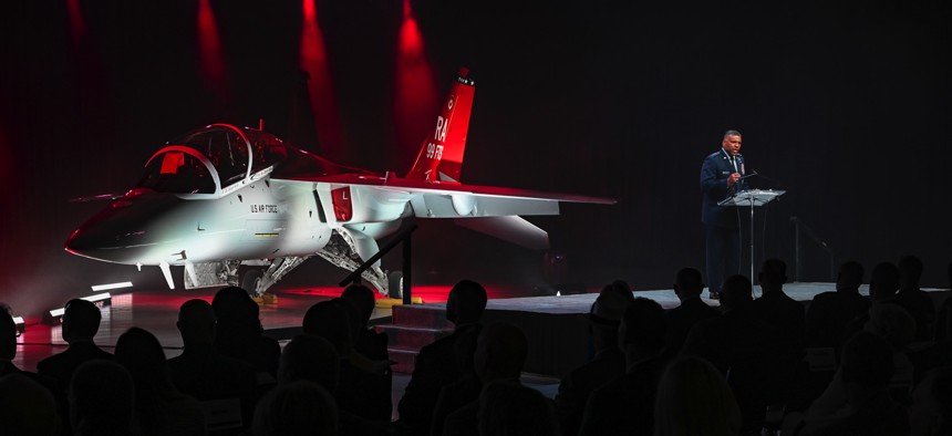 Lt. Gen. Richard M. Clark, U.S. Air Force Academy superintendent, speaks during the T-7A Red Hawk rollout ceremony April 28, 2022, at the Boeing facility in St. Louis, Mo. 