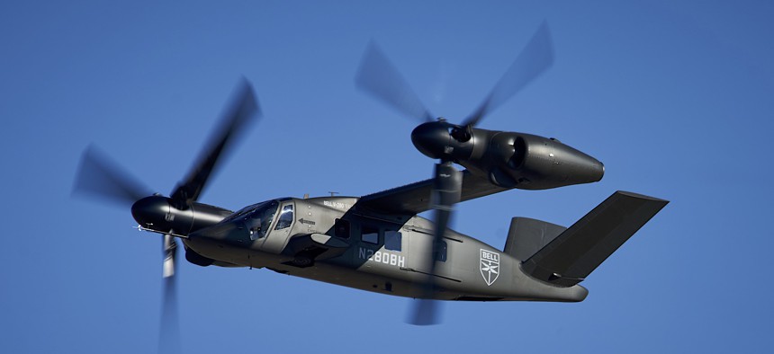 in this 2018 photo, a Bell V-280 tiltrotor flies at Bell Flight Research Center in Arlington, Texas.