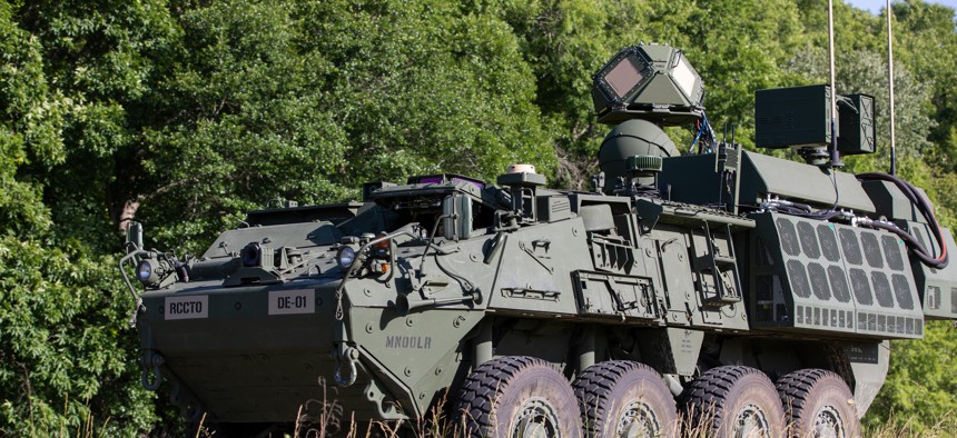 In 2021, the Army tested the Directed Energy-Maneuver Short-Range Air Defense system, or DE M-SHORAD, aboard a Stryker combat vehicle.