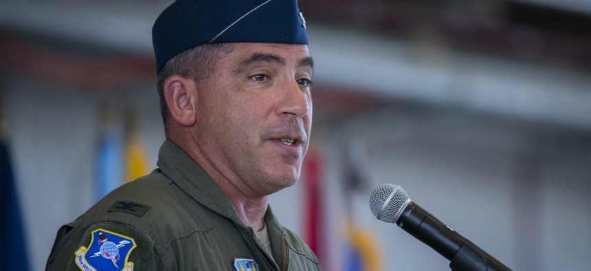 Col. Joshua Koslov takes command of the 350th Spectrum Warfare Wing at Eglin Air Force Base, Fla., on July 28, 2022.