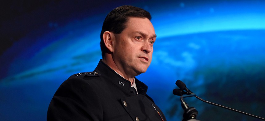 Chief of Space Operations Gen. Chance Saltzman delivers his keynote speech during the Space Foundation's Space Symposium in Colorado Springs, Colo., April 19, 2023.
