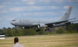 A KC-46 Pegasus lands at Columbus Air Force Base, Mississippi, in preparation for the Wings Over Columbus 2022 Airshow, March 24, 2022. 