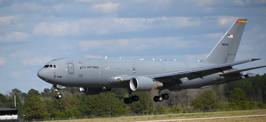 A KC-46 Pegasus lands at Columbus Air Force Base, Mississippi, in preparation for the Wings Over Columbus 2022 Airshow, March 24, 2022. 