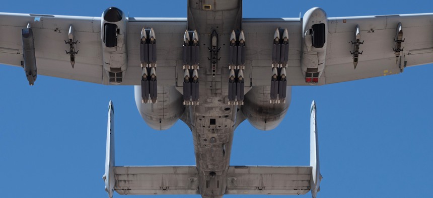 An A-10 Thunderbolt II takes off at Nellis Air Force Base, Nevada, on April 19, 2023, to test a software patch that allowing the plane to carry 16 GBU-39 Small Diameter Bombs.