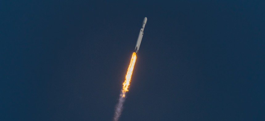A SpaceX Falcon Heavy rocket launches from Kennedy Space Center, Fla., Nov. 1, 2022, the first National Security Space Launch mission carried out by a Falcon Heavy.