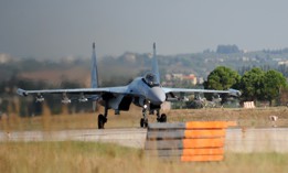 A Russian Air Force Sukhoi Su-35 fighter prepares to take off at the Russian military base of Hmeimim, located south-east of the city of Latakia in Hmeimim, Latakia Governorate, Syria, on September 26, 2019. 