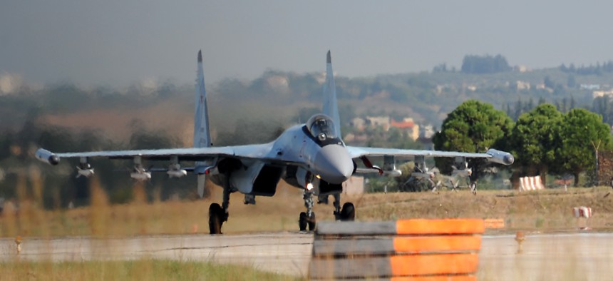 A Russian Air Force Sukhoi Su-35 fighter prepares to take off at the Russian military base of Hmeimim, located south-east of the city of Latakia in Hmeimim, Latakia Governorate, Syria, on September 26, 2019. 