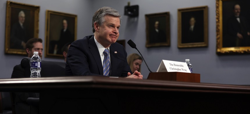 FBI Director Christopher Wray testifies during a hearing before the Commerce, Justice, Science, and Related Agencies Subcommittee of the House Appropriations Committee at Rayburn House Office Building on April 27, 2023, in Washington, DC. 