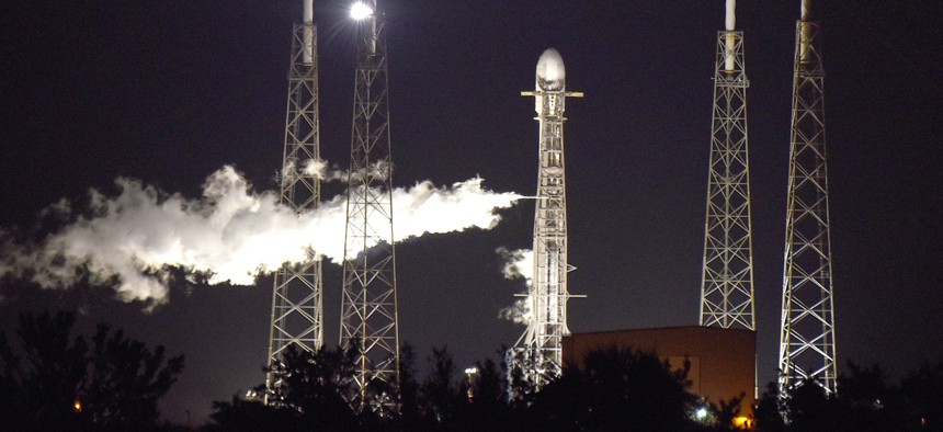 A SpaceX Falcon 9 rocket carrying the Intelsat 40e communications satellite vents before launching from Cape Canaveral Space Force Station on April 7, 2023.