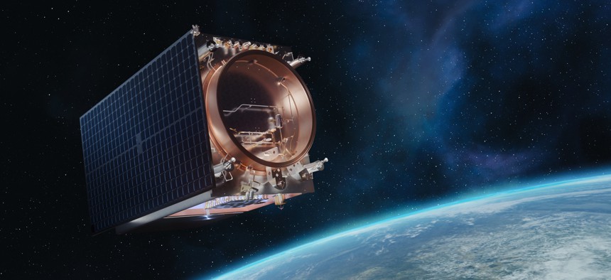 An artist's conception of the Lockheed Martin LM 400 Mid-Sized Multi-Mission Satellite Bus, touted as a satellite that can be tailored for remote sensing, communications, imaging, and radar.