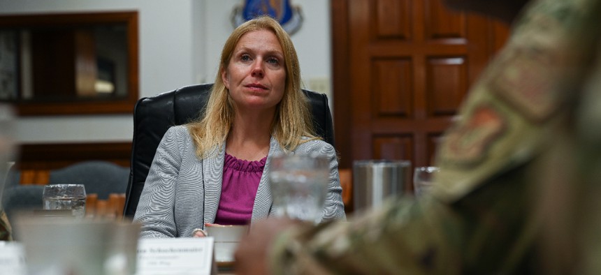 Lauren Knausenberger, Department of the Air Force chief information officer, listens to the 18th Wing mission brief during a visit to Kadena Air Base, Japan, Oct. 3, 2022. Knausenberger said during a May 4, 2023 webinar that the Pentagon’s zero trust effort has created a lot of unity across the services.