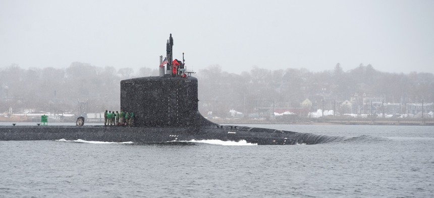 The Virginia-class attack submarine USS Vermont (SSN 792) makes its way up the Thames River and past New London, Conn. as it returns home after conducting routine operations to Submarine Base New London, Feb. 3, 2021,