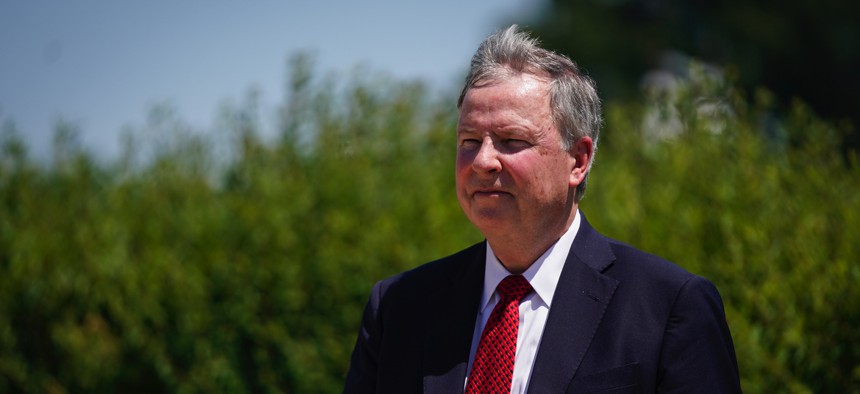 Rep. Doug Lamborn, R-Colo., departs from a news conference held by the House Republican Israel Caucus to discuss the conflict with Israel and Hamas in Washington on May 19, 2021.