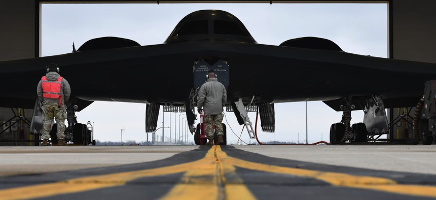 Crew chiefs assigned to the 131st Bomb Wing and 509th Bomb Wing prepare the B-2 Spirit stealth bomber for take off at Whiteman Air Force Base, Missouri, November 15, 2022. 
