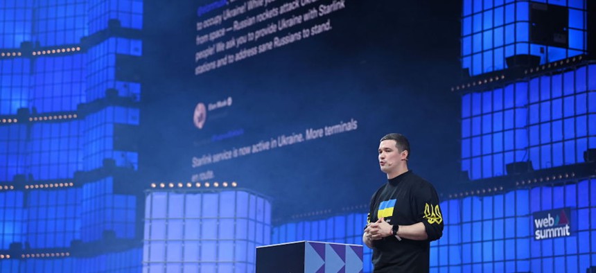 3 November 2022; Mykhailo Fedorov, Vice Prime Minister & Minister of Digital Transformation, Government of Ukraine, on Centre stage during day two of Web Summit 2022 at the Altice Arena in Lisbon, Portugal.