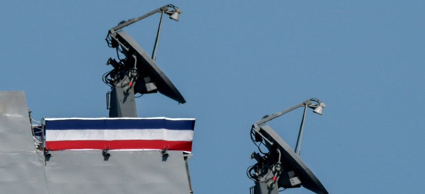 Satellite dishes on the USS Lenah Sutcliffe Higbee, a U.S. Navy Arleigh Burke-class Flight IIA guided missile destroyer.