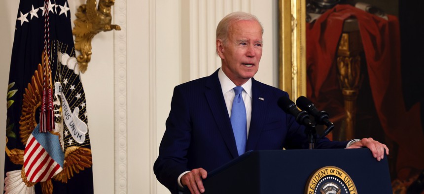 U.S. President Joe Biden delivers remarks during the Public Safety Officer Medal of Valor awards ceremony in the East Room of the White House on May 17, 2023. in Washington, D.C. 
