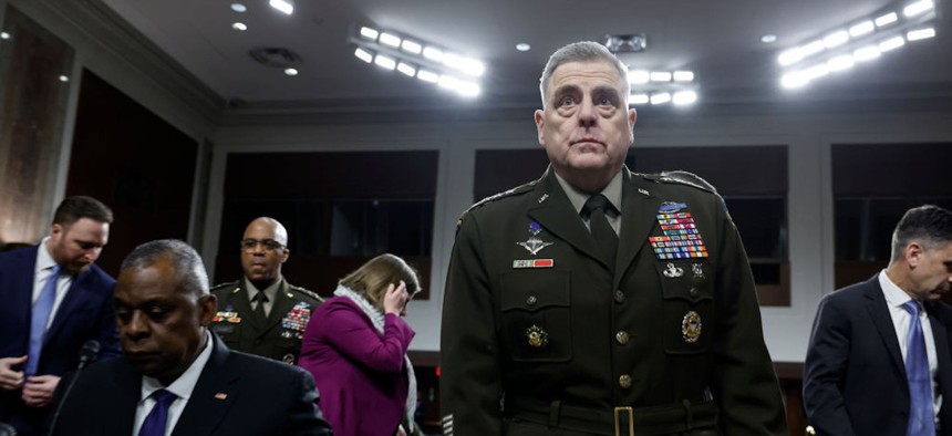  U.S. Secretary of Defense Lloyd Austin (L) and Chairman of the Joint Chiefs of Staff General Mark Milley (R) arrive to a hearing with the Senate Armed Services Committee on Capitol Hill on March 28, 2023 in Washington, DC.