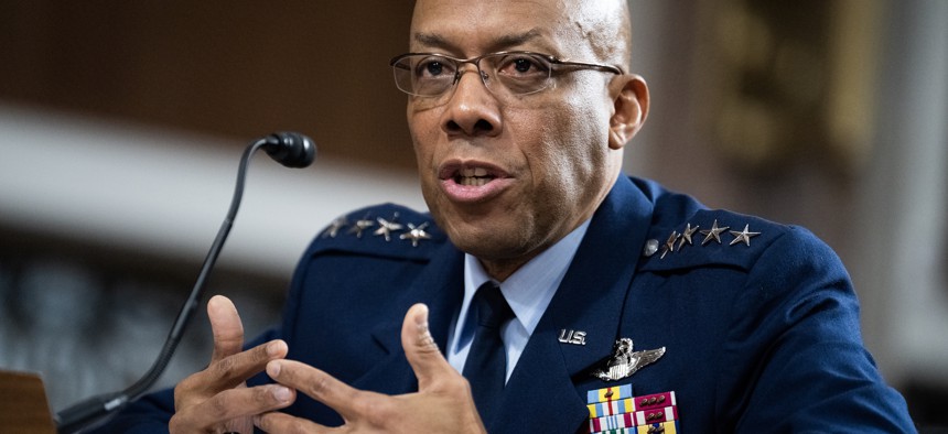 Air Force Chief of Staff Gen. CQ Brown testifies to the Senate Armed Services Committee on the Air Force's 2024 budget request on May 2, 2023.