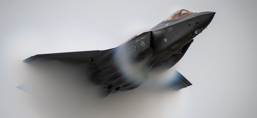 Air Force Capt. Andrew “Dojo” Olson, commander of the F-35 Demonstration Team, performs a high-speed pass during the Oregon International Airshow in McMinnville, Ore., Sept. 21, 2019.