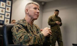 Gen. Eric Smith speaks to Marines from Marine Corps Recruiting Station Montgomery and Weapons Company, 3rd Battalion 23rd Marines at Maxwell Air Force Base in Montgomery, Alabama, Feb. 10, 2023. 