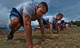 Airmen participate in a group physical training session at Eglin Air Force Base, Florida, in 2020.