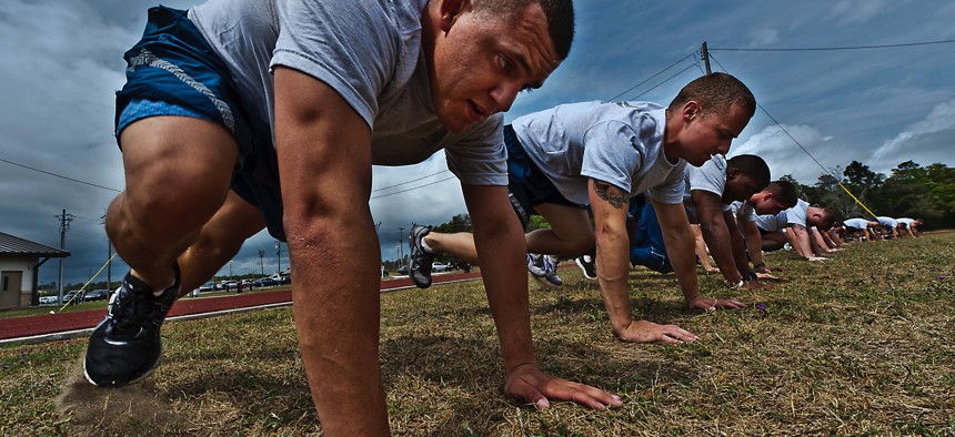Airmen participate in a group physical training session at Eglin Air Force Base, Florida, in 2020.