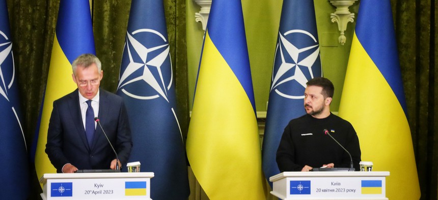 Secretary General of NATO Jens Stoltenberg (L) and President Volodymyr Zelenskyi (R) during a meeting on April 20, 2023 in Kyiv, Ukraine. 