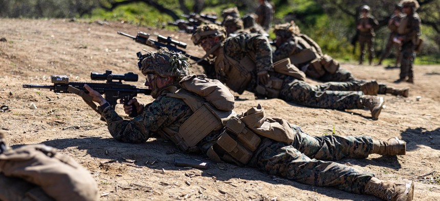 U.S. Marines with Infantry Marine Course 2-23, Infantry Training Battalion, School of Infantry-West, during a fire and maneuver range at Marine Corps Base Camp Pendleton, California, Jan. 24, 2023. 